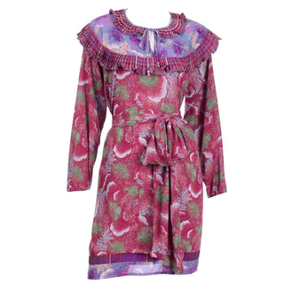 1980s Diane Freis Red & Purple Botanical Floral Print Ruffled Dress 80s tunic