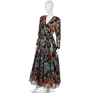 1980s Diane Freis Metallic Floral Evening Dress w/ Beads & Sequins