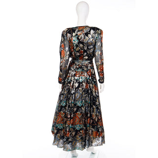 1980s Diane Freis Metallic Floral Evening Dress w/ Beads & Sequins
