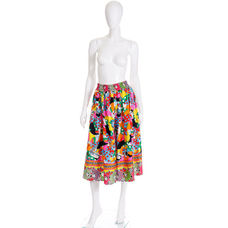 1980s Diane Freis Colorful Bold Novelty Face Print Silk Skirt