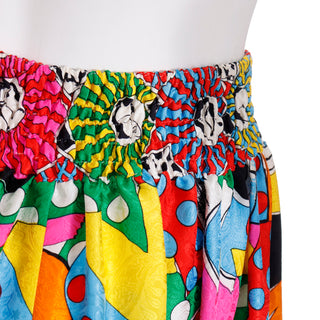 1980s Diane Freis Colorful Novelty Face Print Silk Skirt w Elastic waist