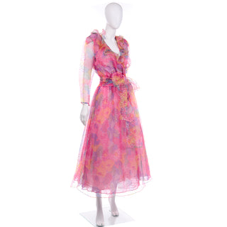 Diane Freis Vintage Pink Dot Ruffled Organza Long Dress Watercolor print