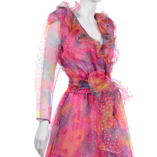 Diane Freis Vintage Pink Dot Ruffled Organza Long Dress Rare 1980s