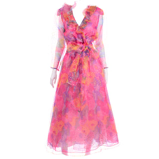 Diane Freis Vintage Pink Dot Ruffled Organza Long Dress 1980s
