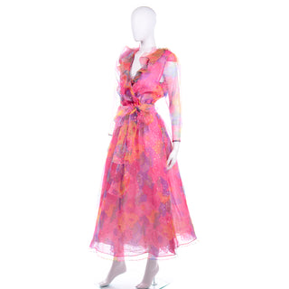 Diane Freis Vintage Pink Dot Ruffled Organza Long Dress sash