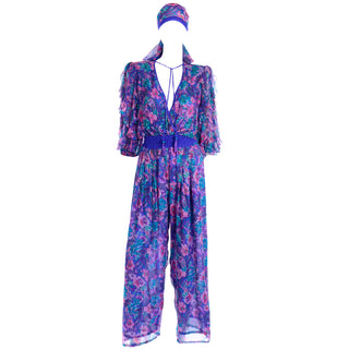 Rare Diane Freis Purple Pink Floral Silk Jumpsuit with Scarf