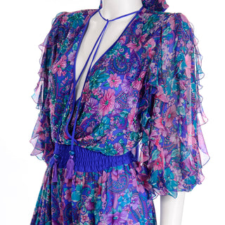 Diane Freis Purple Pink Floral Silk Jumpsuit with Scarf Small Medium Large
