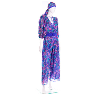 Diane Freis Purple Pink Floral Silk Jumpsuit with Scarf One Size