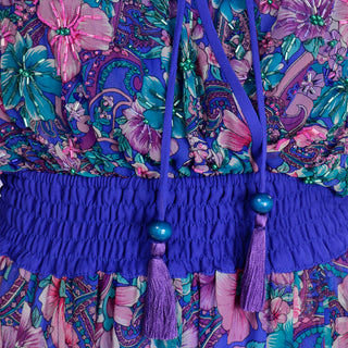 Diane Freis Purple Pink Floral Silk Jumpsuit with Scarf tassels