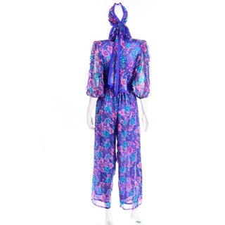One Size Diane Freis Purple Pink Floral Silk Jumpsuit with Scarf