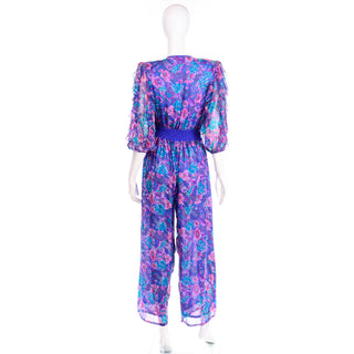 Diane Freis Purple Pink Floral Silk Jumpsuit with Scarf rare