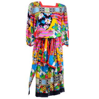 1980s Vintage Diane Freis Bold Colorful Silk Day Dress sash