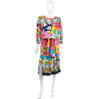 1980s Vintage Diane Freis Bold Colorful Silk Day Dress size 10