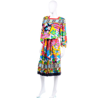 1980s Vintage Diane Freis Bold Colorful Silk Day Dress square neckline