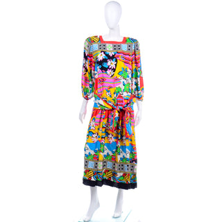 1980s Vintage Diane Freis Bold Colorful Silk Day Dress Bright