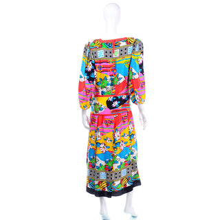 1980s Vintage Diane Freis Bold Colorful Silk Day Dress jacquard print