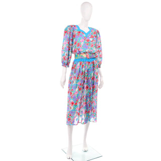 1980s Diane Freis Turquoise Floral Print Dress w/ Belt One Size