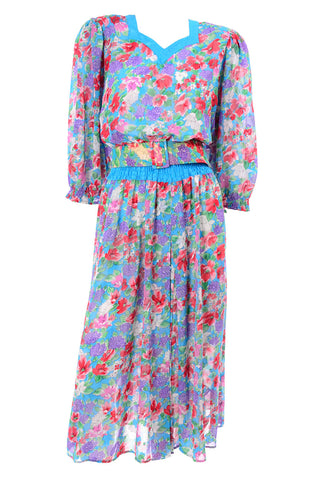 1980s Diane Freis Blue Floral Day Dress