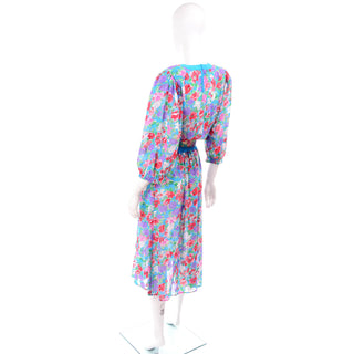 1980s Diane Freis Turquoise Floral Print Dress w/ Belt One Size