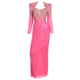Diane Freis Pink Evening Dress Beaded Vintage Gown 1980s Full Length