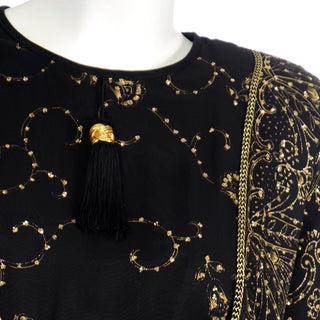 1980s Diane Freis Vintage Black & Gold Glitter Evening Dress Shimmer