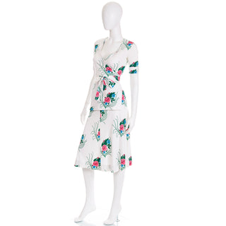Vintage 1970s Diane von Furstenberg White Pink & Blue Floral 2pc Dress w Wrap Top