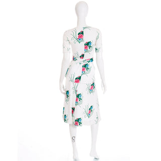 1970s Diane von Furstenberg White Pink & Blue Floral 2pc Dress w Wrap Top bold print