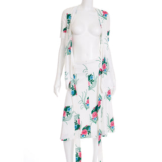 1970s Diane von Furstenberg White Pink & Blue Floral 2pc Dress w Wrap Top top and skirt