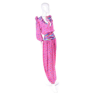 1980's Diane Freis Pink Balloon Leg Jumpsuit in Abstract Print w/ Puff Sleeves