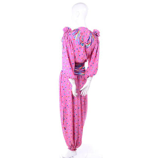 1980's Diane Freis Pink Balloon Leg Jumpsuit in Abstract Print w/ Puff Sleeves