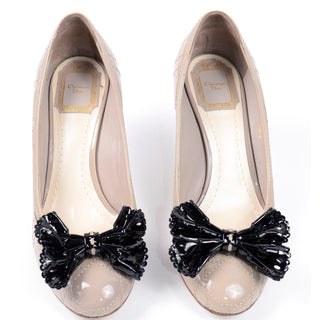 Christian Dior Patent Leather Round Toe Pumps w Black Pierced Bows heeled shoes