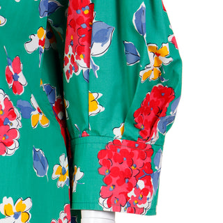 1985 Yves Saint Laurent Green floral Cotton Runway 1980s Dress