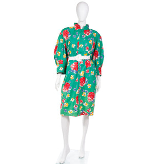 YSL 1985 Yves Saint Laurent Green floral Cotton Runway Dress