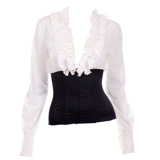 Dolce & Gabbana Top Black and White Ruffle Corset Blouse Low V