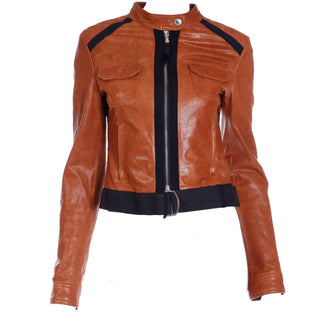 2000s D&G Dolce & Gabbana Brown Leather Jacket w Black Trim Size Small