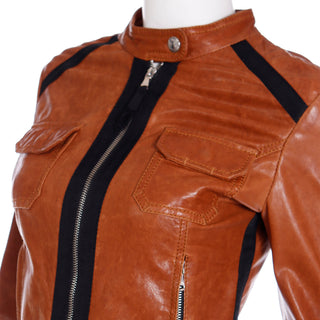 2000s D&G Dolce & Gabbana Brown Cropped Lambskin Leather Jacket w Black Trim