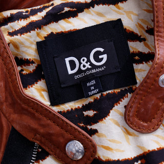 2000s D&G Dolce & Gabbana Brown Leather Jacket w Black Trim Lambskin Lined cropped jacket