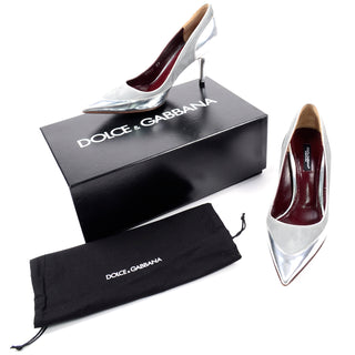 Dolce & Gabbana Silver Leather & Suede High Heel Pointed Toe Pumps w shoe box and dustbag