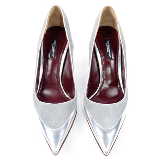 Dolce & Gabbana Silver Leather & Suede High Heel Pointed Toe Pumps w shoe bag and original box