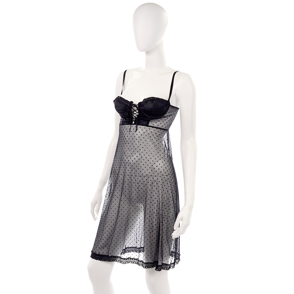 Dolce & Gabbana D&G Black Dot Lace Sheer Chemise w/ Lace Up Front