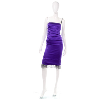 Dolce Gabbana Purple Silk Ruched Dress With Black Lace