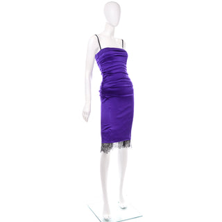Dolce Gabbana Purple Silk Ruched Dress W Black Lace Trim