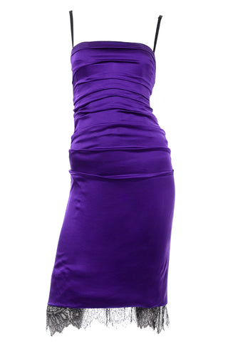 Dolce Gabbana Purple Silk Ruched Dress With Black Lace Trim