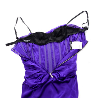 Dolce Gabbana Purple Silk Ruched Corset Dress With Black Lace Trim