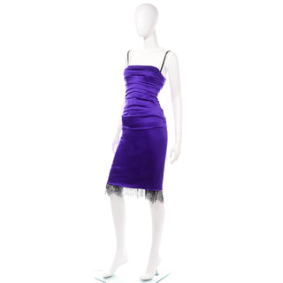 Dolce Gabbana Purple Silk Ruched Dress Black Lace Trim