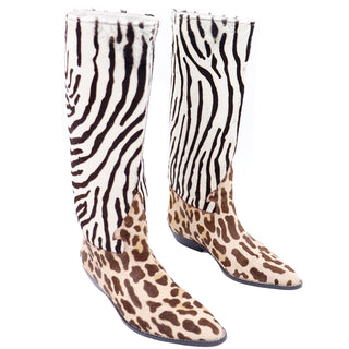1990s Donald Pliner Pony Fur Zebra Stripe Brown & Cream Boots 7
