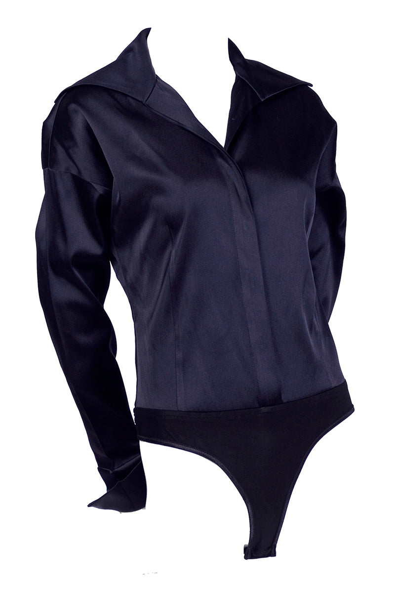 Donna Karan Vintage Bodysuit Blouse in Black Silk Blend with French Cu –  Modig