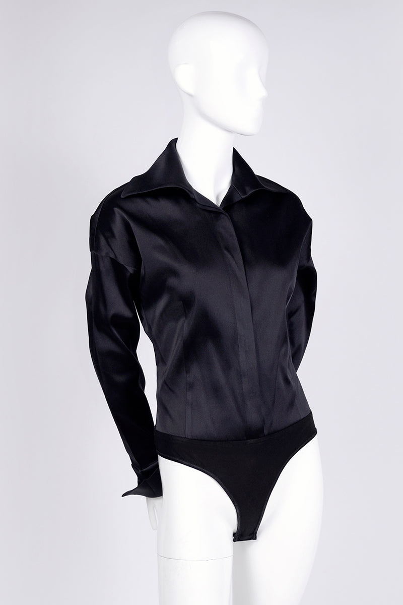 Donna Karan Vintage Bodysuit Blouse in Black Silk Blend with French Cu –  Modig