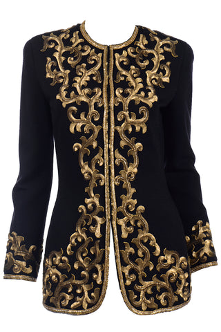 1990s Donna Karan Baroque Black Jacket w Gold embroidered Sequins