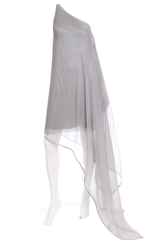 1990s Donna Karan Deadstock Grey Silk Chiffon One Shoulder Evening Dress
